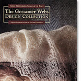 A close-up of the cover of a book titled "Gossamer Webs Design Collection" by Ingram Content. The subtitle reads, "Three Orenburg Shawls to Knit." The book cover showcases intricate, delicate lace shawls like the Diamond Triangular Shawl, highlighting their fine, gossamer-like texture against a dark background.