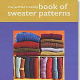 The cover of **"The Knitter's Handy Book of Sweater Patterns"** by **Ingram Content** showcases a shelf with neatly folded sweaters in a variety of colors such as blue, red, green, brown, and striped. The background predominantly features shades of purple and yellow while highlighting different sweater constructions.