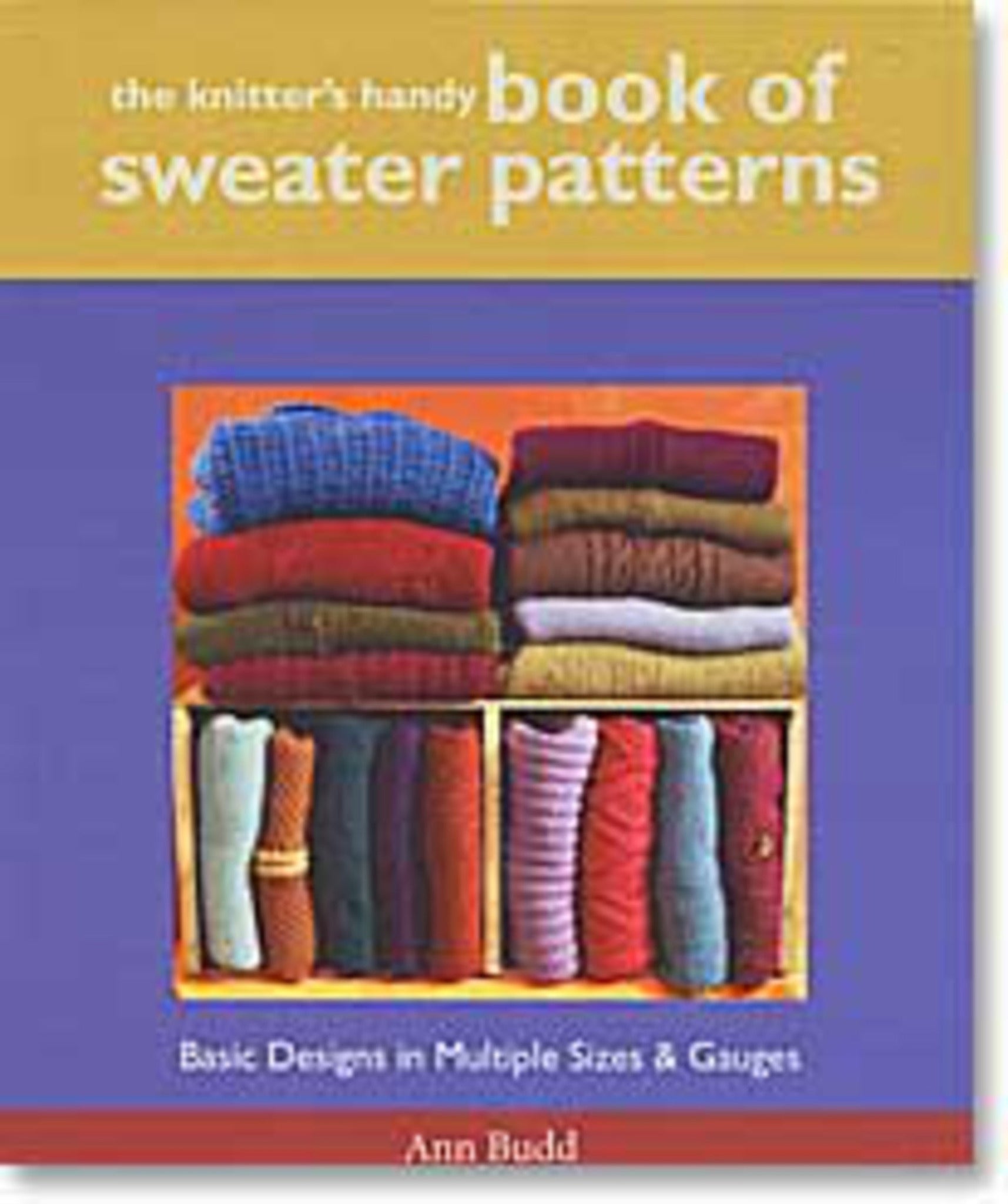 The image shows the cover of a book titled "The Knitter's Handy Book of Sweater Patterns" by Ingram Content. The cover features a photo of folded sweaters stacked on shelves, set against a purple and orange background, highlighting the art of knitting sweaters.