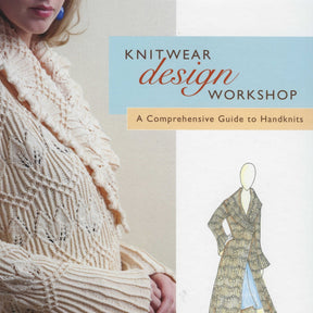 A book cover titled "Knitwear Design Workshop" by Ingram Content, showcasing a close-up of someone wearing a cream-colored knitted sweater with an intricate stitch pattern, alongside an illustration of a handknit coat that highlights principles of garment fitting.