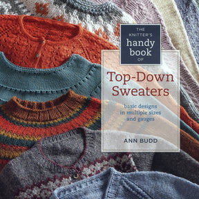 Cover of "The Knitter's Handy Book of Top-Down Sweaters" by Ingram Content. The image showcases multiple colorful, intricately knitted sweaters layered together, with the title and brand name prominently displayed in the center, highlighting the diverse range of sweater patterns available inside.