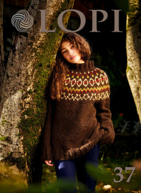 A young woman with curly hair wears a brown knitted sweater featuring a red, yellow, and white yoke design. She leans against a tree in a forest setting. The text "Berroco, Inc." and "Lopi Book 37" are displayed at the top and bottom of the image respectively.