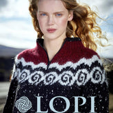 A person with long, wavy blond hair is wearing a colorful knitted sweater featuring patterns in red, white, and black. The person is outdoors, with a blurred landscape in the background. At the bottom of the image, the text "Lopi Book 38" along with Berroco's yarn ball symbol are visible.