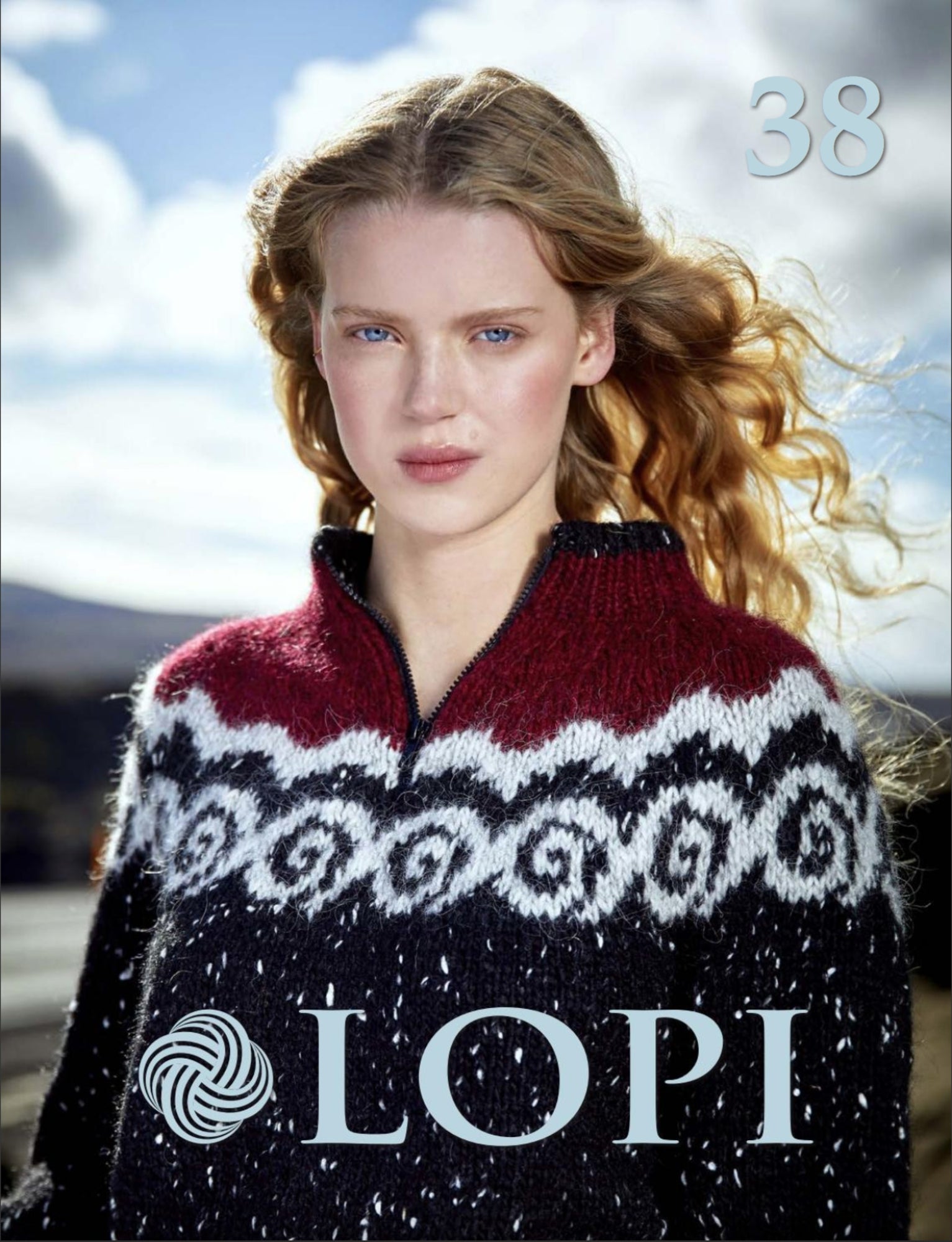 A person with long, wavy hair is wearing a knitted sweater featuring a dark blue, white, and maroon patterned design and stands outdoors against a cloudy sky. The number "38" and the brand name "LOPI" from Berroco, Inc.'s Lopi Book 38 are printed on the image.