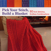 A Martingale & Co knitting book titled "Pick Your Stitch, Build a Blanket" is propped up on a mantle above a fireplace. The cover features a red knitted blanket draped over a ledge, showcasing various knit stitch patterns and inspiring projects.