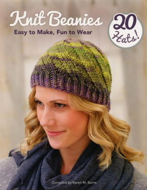 Cover of the book "Knit Beanies - Easy to Make, Fun to Wear" by Martingale & Co., featuring an image of a woman wearing a multicolored knitted beanie. The cover also highlights "20 Hats!" in a circular badge, making it perfect for your next knitting project. The book is compiled by Karen M. Burns.