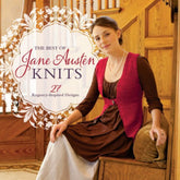 A woman in period costume sits on a cushioned bench in front of a wooden staircase. The cover text reads, "The Best of Jane Austen Knits: 27 Regency-Inspired Designs" from Ingram Content. The woman wears a red knitted vest over a brown dress, embodying timeless knitting designs from the Regency era.