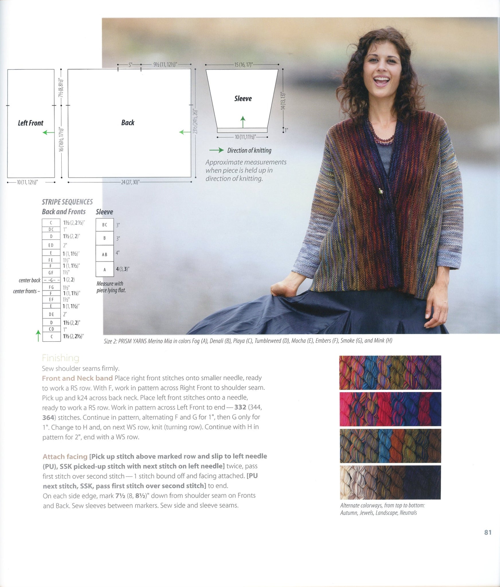 A woman wearing a vibrant knit cardigan over a dark top smiles on a breezy day. The page highlights the creative possibilities using knitting diagrams for the sweater's construction, stripe sequences, and thread colors for various sizes included in "Artful Color Mindful Knits" by Ingram Content. The bottom right features close-ups of other yarn colors.