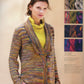 A woman wearing an Artful Color Mindful Knits cardigan from Ingram Content, colorful and striped, over a yellow turtleneck stands with her hands in her pockets. On the right, four small images display various vibrant yarns and their patterning potential. Text below these images offers descriptions and instructions related to the yarn and cardigan.