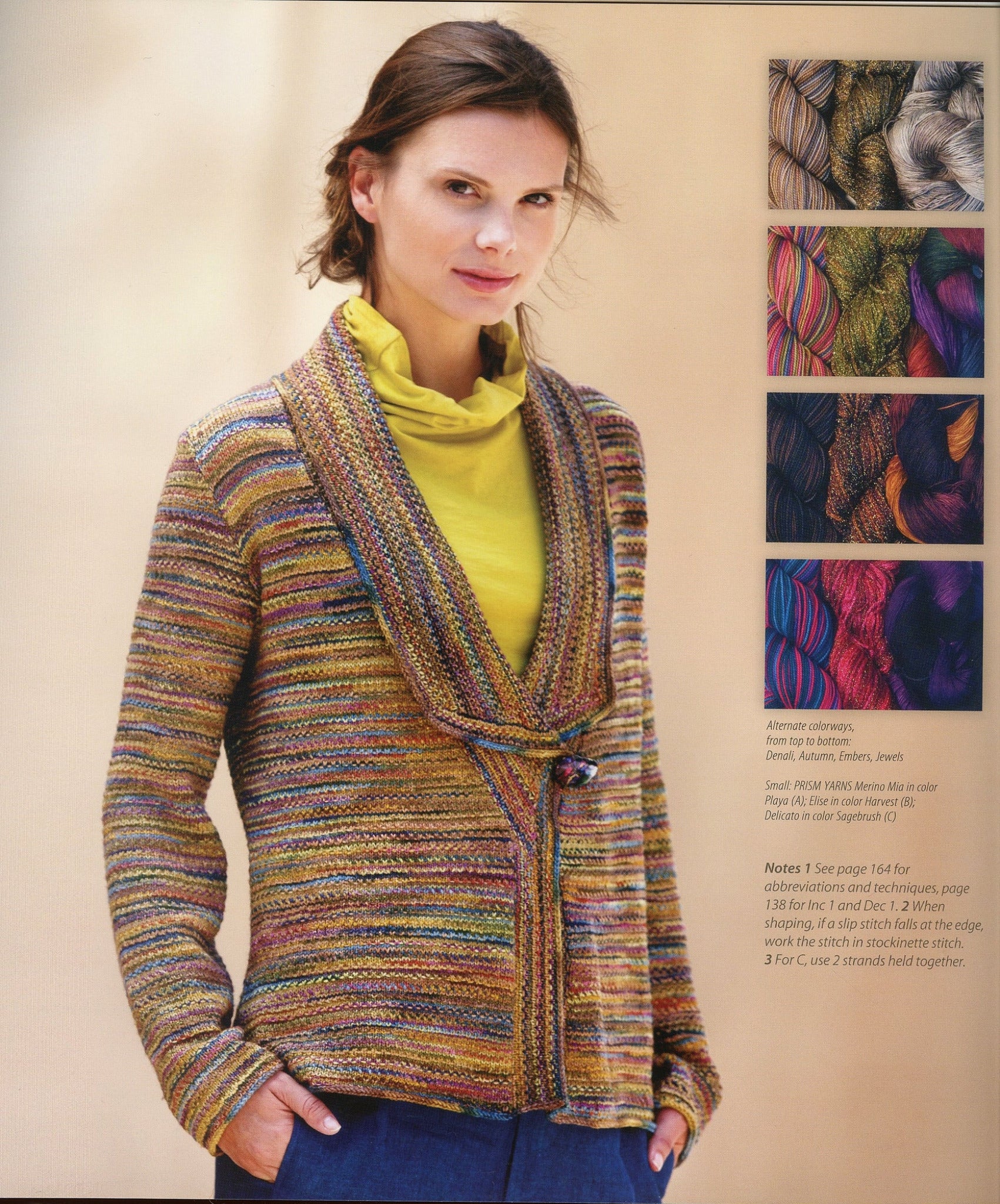 A woman wearing an Artful Color Mindful Knits cardigan from Ingram Content, colorful and striped, over a yellow turtleneck stands with her hands in her pockets. On the right, four small images display various vibrant yarns and their patterning potential. Text below these images offers descriptions and instructions related to the yarn and cardigan.