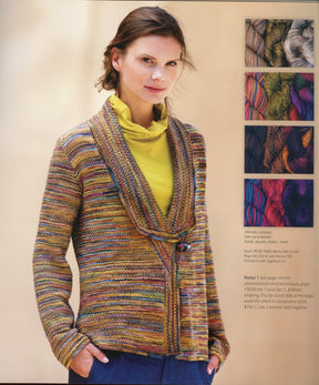 A woman wearing an Artful Color Mindful Knits cardigan from Ingram Content, colorful and striped, over a yellow turtleneck stands with her hands in her pockets. On the right, four small images display various vibrant yarns and their patterning potential. Text below these images offers descriptions and instructions related to the yarn and cardigan.