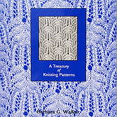 A blue book cover titled "A Treasury of Knitting Patterns" by Barbara G. Walker, published by Schoolhouse Press, featuring a central square with a sample Knit-Purl Combination inside it. The background displays intricate knitted designs in white and shades of blue, highlighting Lace and Color Change Patterns throughout.