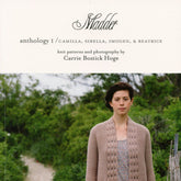 The cover of "Madder - Anthology 1 / Camilla, Sibella, Imogen, & Beatrice" by Never Not Knitting features a woman in a light pink knitted cardigan standing outdoors on a pathway surrounded by greenery. The title is in elegant cursive font and additional text credits Carrie Bostick Hoge for her exquisite stitch stories and photography.