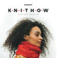 Side profile of a person with curly hair, wearing a red knitted scarf and an orange patterned top, against a white background. Text on the image reads "Pom Pom Publishing: Knit How: Simple Knits, Tools & Tips for the beginner knitter.