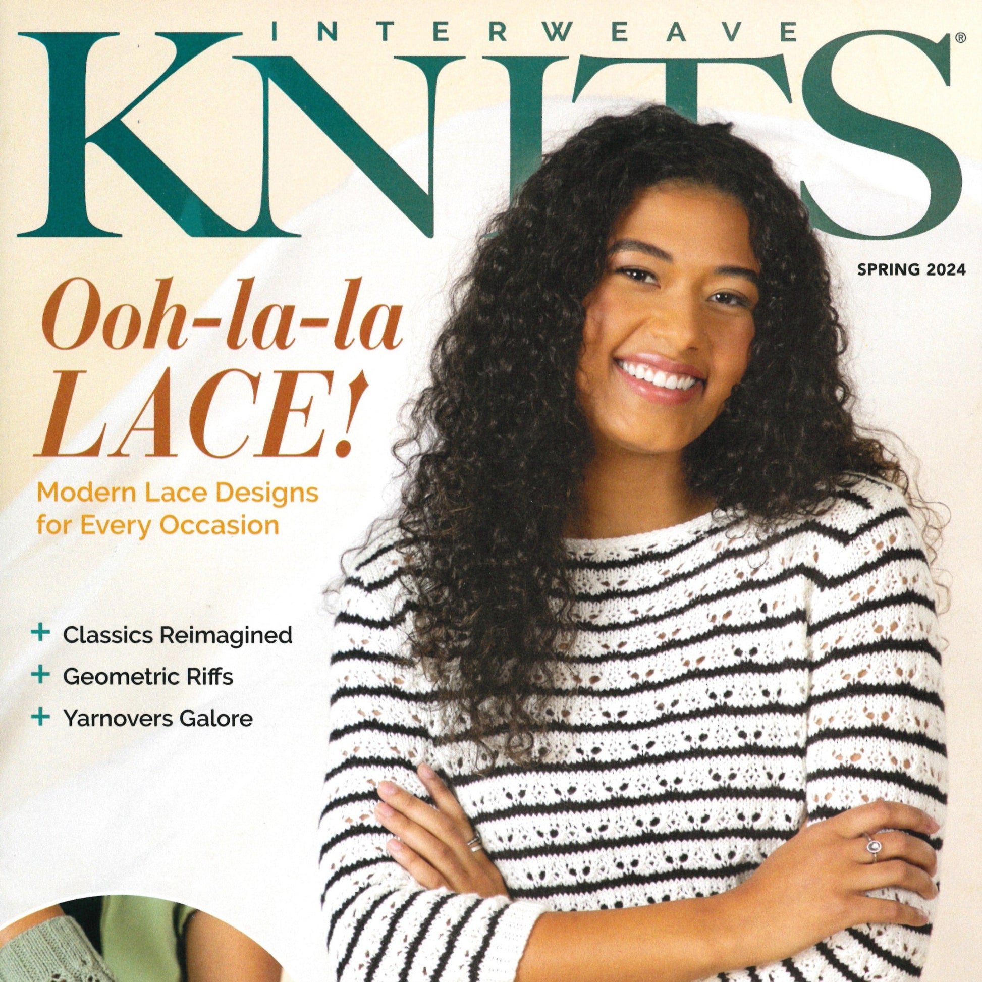 The cover of the Golden Peak Media's "Interweave Knits" Spring 2024 issue showcases a smiling individual with curly hair wearing a striped knit sweater. The prominent headline reads "Ooh-la-la LACE! Modern Lace Designs for Every Occasion." Additional text highlights features on "Classics Reimagined," "Geometric Riffs," and provides tips for achieving the perfect lace gauge.