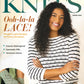 Front cover of "Interweave Knits Spring 2024" by Golden Peak Media. Features a smiling person with curly hair wearing a striped knit sweater. The headline reads "Ooh-la-la LACE!" and subtitles include lace gauge tips, modern lace designs, classics reimagined, geometric riffs, and yarnovers galore.