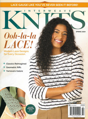 Front cover of "Interweave Knits Spring 2024" by Golden Peak Media. Features a smiling person with curly hair wearing a striped knit sweater. The headline reads "Ooh-la-la LACE!" and subtitles include lace gauge tips, modern lace designs, classics reimagined, geometric riffs, and yarnovers galore.