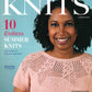 Cover of Interweave Knits Summer 2023 by Golden Peak Media features a smiling woman wearing a pink knitted top with lace details. Text highlights 10 "Endless Summer Knits" perfect for warmer weather, including the "Branchport Cottage Top" by Laura Barker. Barcode and pricing details at the bottom.