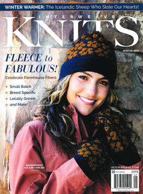 Cover of the Golden Peak Media Interweave Knits Winter 2024 issue featuring a smiling woman in a burgundy jacket, black knitted hat with an orange pattern, and matching gloves. Text highlights include "Fleece to Fabulous!," "Celebrate Farmhouse Fibers," and an article on Icelandic sheep and breed-specific yarns.