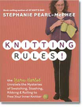 Cover of the book "Knitting Rules!" by Ingram Content. The title, "Knitting Rules!," is written in bold white letters on a red background. An image of Stephanie Pearl-McPhee standing and knitting with yarn, wearing glasses and holding knitting needles, is featured on the right side of the cover.