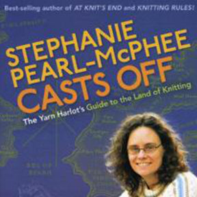 Book cover featuring the text "Casts Off - The Yarn Harlot's Guide to the Land of Knitting" by Stephanie Pearl-McPhee. The background showcases a stylized map, and a small picture of a smiling woman with curly hair is at the bottom right. This enchanting knitting book from Ingram Content delves into knitting history.