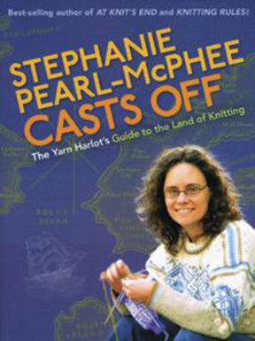 The book cover of "Casts Off" by Ingram Content showcases a woman in glasses and a knitted sweater, seated with knitting needles and yarn. The background features a map that evokes the history of knitting, with the title prominently displayed in yellow and white text.