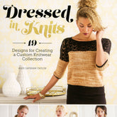 Cover of the book "Dressed in Knits - 19 Designs for Creating a Custom Knitwear Collection" by Alex Capshaw-Taylor, published by Ingram Content. The cover features a model wearing a black and tan knit sweater standing beside a decorative white vase and candle holder on a white table.