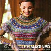 A woman smiles while gazing downward, donning a vibrant, intricately patterned knitted sweater with fur-trimmed sleeves. The text on the image reads: "KNITTING REIMAGINED by Crown - Watson Guptill & Potter Craft: Unique Wearable Patterns with Nicky Epstein and 25 Breathtaking Projects.