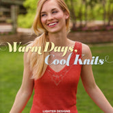 A smiling woman with long, blonde hair is wearing a sleeveless orange knitted top. She is standing outdoors with a background of greenery and a blurred wooden structure. The text reads, "Ingram Content – Warm Days, Cool Knits" and "LIGHTER DESIGNS in Knitwear.