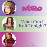 Cover of a book titled "Noro - What Can I Knit Tonight?" by Jo Allport. The cover features three different images of models showcasing knitwear: a headband, scarves, and a sweater. The background has gradient colors including purple, green, and pink with the Knitting Fever / Euro Yarns brand logo at the top.