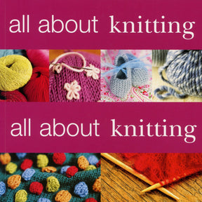 Image of a colorful cover for a Martingale & Co knitting book titled "All About Knitting." It features several close-up photos showcasing various knitting projects, including yarn balls, a pink knitted garment adorned with flowers, tiny blue baby shoes, multicolored fabric, and knitting needles in action.