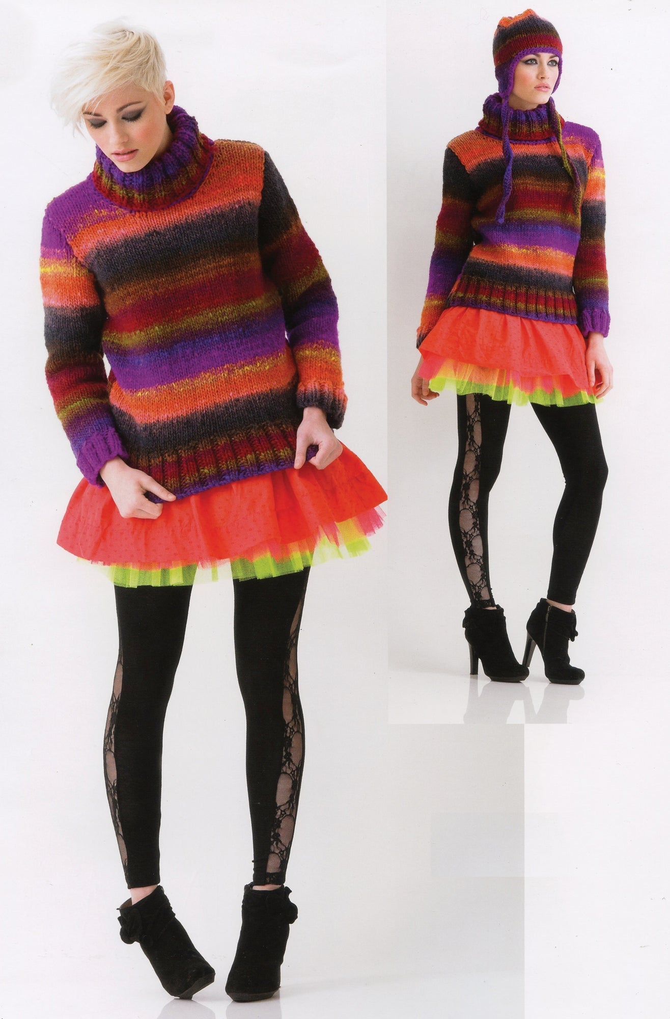 Two models showcasing colorful winter fashion from Noro Now! by Knitting Fever / Euro Yarns. Both are dressed in trendy knitwear, including multicolored striped sweaters, neon tutus, black leggings with lace patterns on the side, and black ankle boots. One model sports a short pixie haircut, while the other complements her look with a matching knit hat.