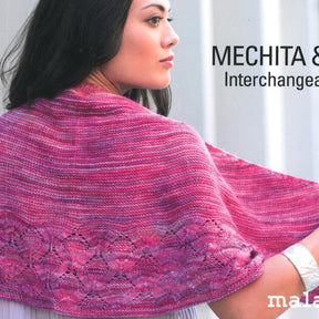 A person is shown from the side wearing a knitted shawl in various shades of pink and purple, crafted with Mechita yarns by Malabrigo Yarn. The shawl features a textured, lacy pattern towards the bottom edge. The words "Malabrigo Book 14 - Mechita & Sock" are visible in the background.