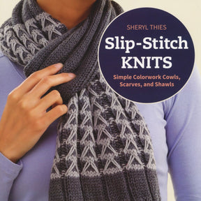 A person wearing a light purple long-sleeve shirt models a gray and white slip-stitch knit scarf. A large circle on the right side contains the text "Slip-Stitch Knits - Simple Colorwork Cowls, Scarves, and Shawls by Martingale & Co," showcasing exquisite knitting stripe techniques.