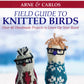 Cover of "Field Guide to Knitted Birds" by Ingram Content. It features two knit bird figurines, one with a red and grey pattern and the other with a teal and white pattern. Both have stylized glasses and textured yarn hair, perfect handmade projects for Christmas decorations, against a blurry sky-blue background.