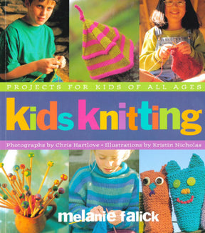 Cover of the book "Kids Knitting" by Ingram Content. Features images of children engaged in knitting and showing off their finished projects. The title is bright and colorful, with text that reads: "Easy projects for kids of all ages," along with credits to photographers and illustrators. Perfect for anyone wanting to learn to knit!