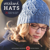 The book cover of "Weekend Hats" by Ingram Content, authored by Cecily Glowik MacDonald and Melissa LaBarre, shows a woman with wavy blonde hair and glasses wearing a blue knitted hat with her eyes closed. She looks ready for a cozy weekend with friends.