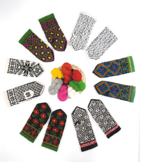 A circular display of beautifully intricate knit mittens from "Knit Like A Latvian" by Ingram Content surrounds a central bundle of brightly colored yarn balls. Each pair showcases unique Latvian mitten knitting patterns in vibrant shades, highlighting a range of traditional designs.