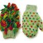 Introducing the Knit Mitts by Ingram Content - your hand-y guide to knitting mittens and gloves. This pair of unique knitted mittens includes a left mitten, expertly crafted and adorned with an array of vibrant, fluffy tufts, while the right mitten showcases a neat pattern of bright, multicolored dots set against a pale green background. Perfect for those who love to personalize their knitwear patterns.