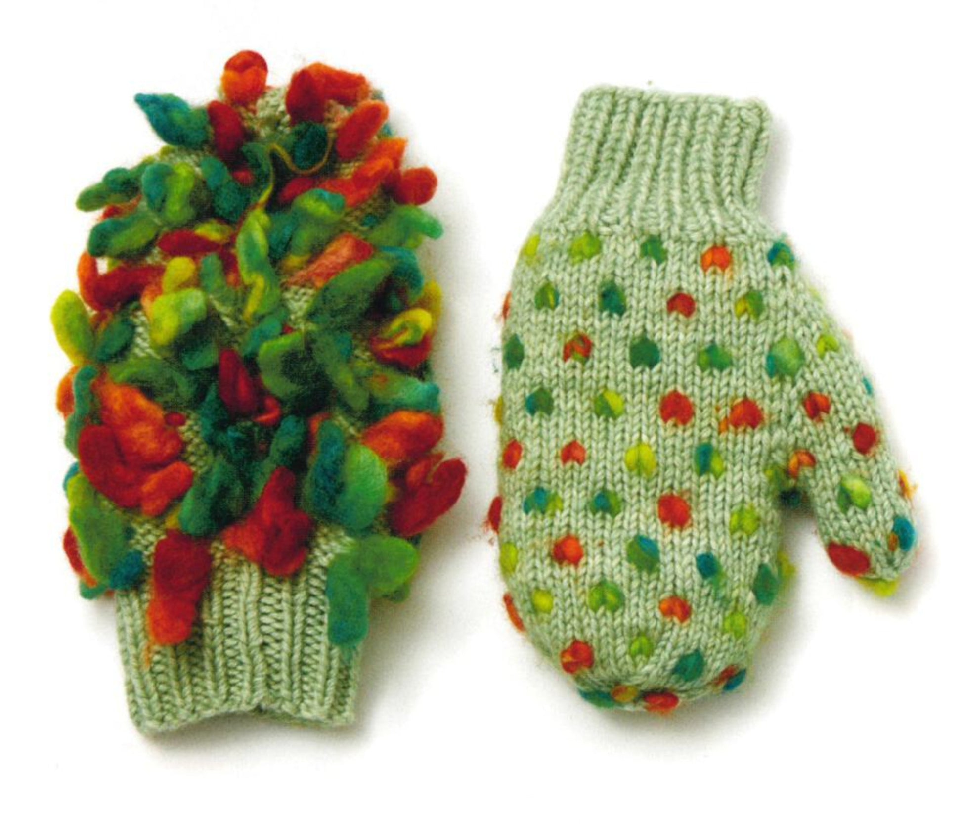 Introducing the Knit Mitts by Ingram Content - your hand-y guide to knitting mittens and gloves. This pair of unique knitted mittens includes a left mitten, expertly crafted and adorned with an array of vibrant, fluffy tufts, while the right mitten showcases a neat pattern of bright, multicolored dots set against a pale green background. Perfect for those who love to personalize their knitwear patterns.