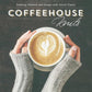 Close-up of a person holding a cup of coffee with latte art shaped like a heart. The person is wearing gray knit gloves. The text on the image reads "Knitwear and Essays with Robust Flavor" and "Ingram Content's Coffeehouse Knits." The background is a dark, textured surface.