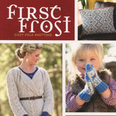 The promotional image for "First Frost - Cozy Folk Knitting" by Ingram Content is divided into three sections. In the top section, the book title and a Nordic-patterned knitted pillow are displayed prominently. The bottom left showcases a woman wearing an exquisitely designed folk knitting sweater, while the bottom right highlights a child adorned in charming knitted accessories, including mittens.