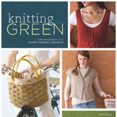 A collage showcases the cover of "Knitting Green" by Ingram Content. It features images of earth-friendly knitting projects, including a red vest, a beige textured tote bag on a bicycle, and a gray sleeveless cardigan crafted with organic yarn.