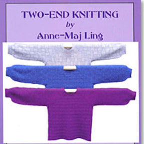 Cover of "Two-End Knitting" by Schoolhouse Press featuring three beautiful sweaters in pastel shades of white, blue, and purple, stacked vertically against a soft purple background. The title and author's name elegantly adorn the cover, showcasing the art of Twined Knitting.