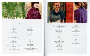 Two pages from the book "Classic Knit Shawls" by Ingram Content are shown. The left page lists the contents, detailing sections named after various types of lace. The right page features three women displaying multicolored lacy shawls, each adorned with intricate patterns that would inspire any modern knitter.