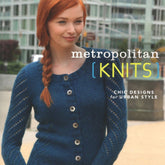 A woman with long red hair in a braid is seen wearing the Metropolitan Knits - Chic Designs for Urban Style, a blue knitted cardigan with buttons. She stands against an urban backdrop featuring tall buildings and outdoor elements. The text on the image highlights "Metropolitan Knits" and "Chic Designs for Urban Style," underscoring Ingram Content’s city life-inspired sweaters.