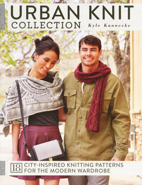 Two models pose outdoors wearing knitwear. The woman on the left wears a patterned shawl over a dark shirt, while the man on the right sports a maroon scarf over a green jacket. Text at the top reads "Urban Knit Collection, Ingram Content," suggesting geometric style knitting patterns for city life.