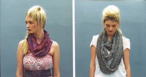 Two images of the same woman with blond hair styled in a ponytail, showcasing different scarves. On the left: A colorful, chunky knit scarf from the Noema Book by Louisa Harding paired with a floral dress. On the right: A muted, patterned scarf worn with a white shirt. Each image has a gray background.