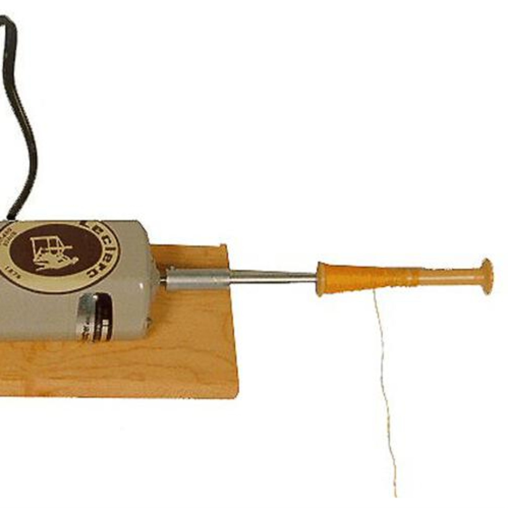 A Leclerc Electric Bobbin Winder, Single Ended by Leclerc Looms is mounted on a wooden base. It features a small motor connected to a metal rod and spool holder, with a long, yellow handle protruding from the side, used for creating fishing flies.