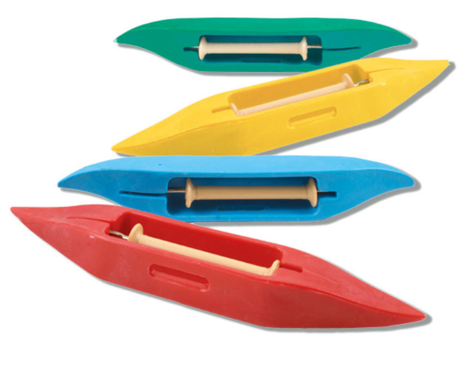 Image of four colorful Leclerc Budget Shuttles arranged diagonally. The shuttles are in green, yellow, blue, and red from top to bottom. Made by Leclerc Looms from high-density plastic, each shuttle has a beige spool-like object in the middle and features a sleek, pointed design—perfect for beginner weavers seeking cost-effective options.